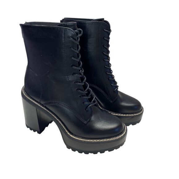 Madden Girl Size 8.5 Black Leather Heeled Combat Boots With Lug Sole Side Zipper - Picture 8 of 11